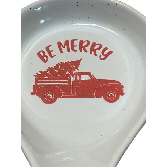 Ceramic Be Merry Spoon Rest Red Handle Truck Design Christmas Tree 9" - Picture 2 of 5